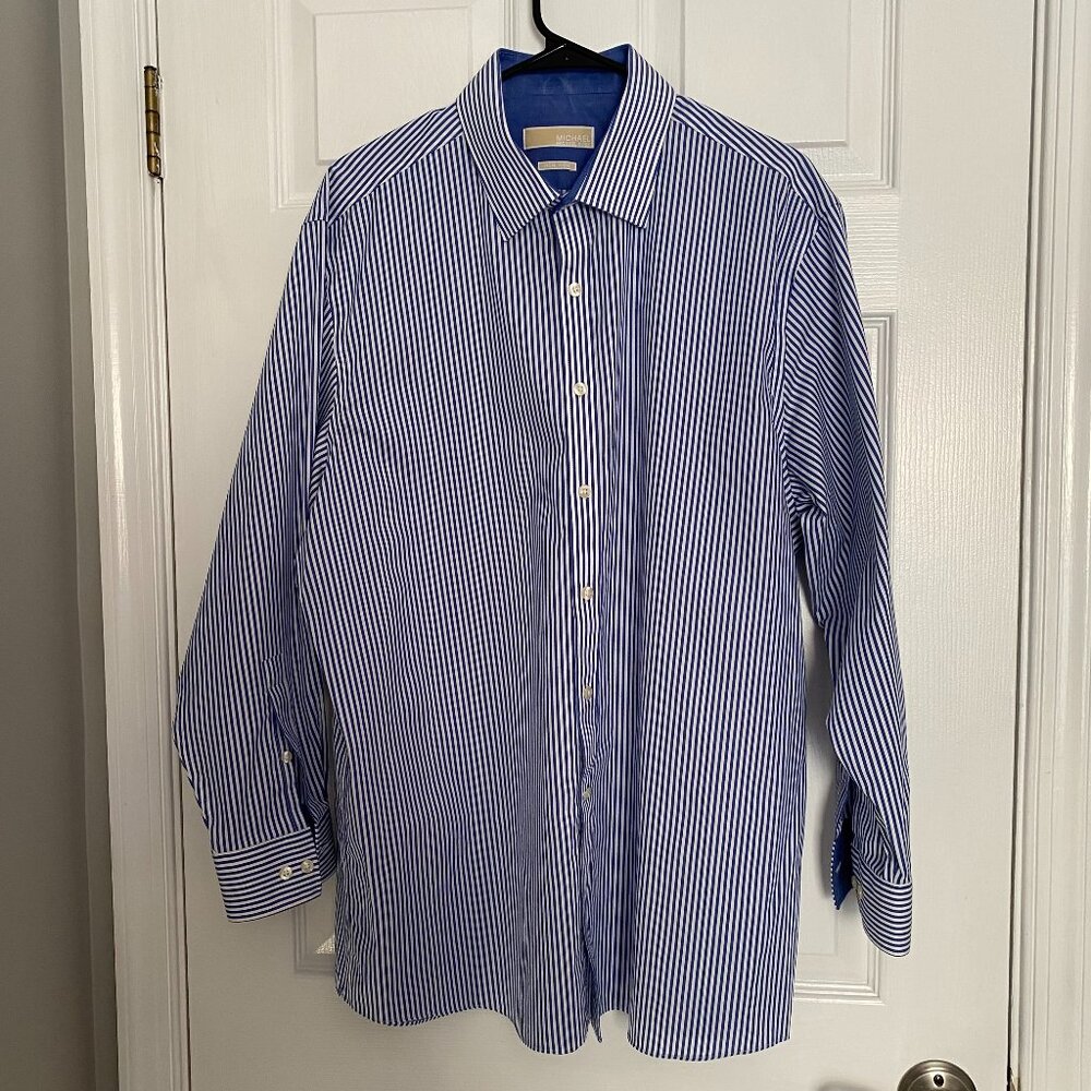 Men's Michael Kors No-Iron Dress Shirt - Blue and White Striped - 17 1/2 x 32/33